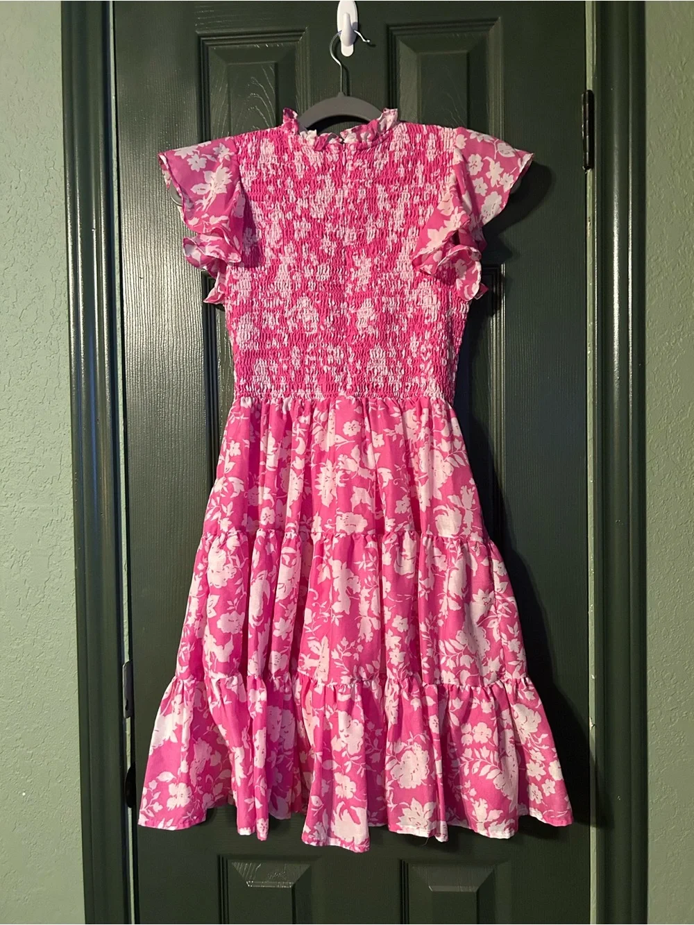 Girls' Pink Floral Smocked Ruffle Dress